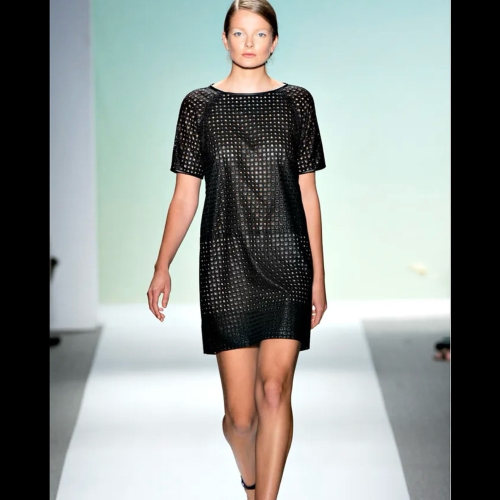 Tibi Black Eyelet Sheath Dress with Leather Trim Womens Size 8